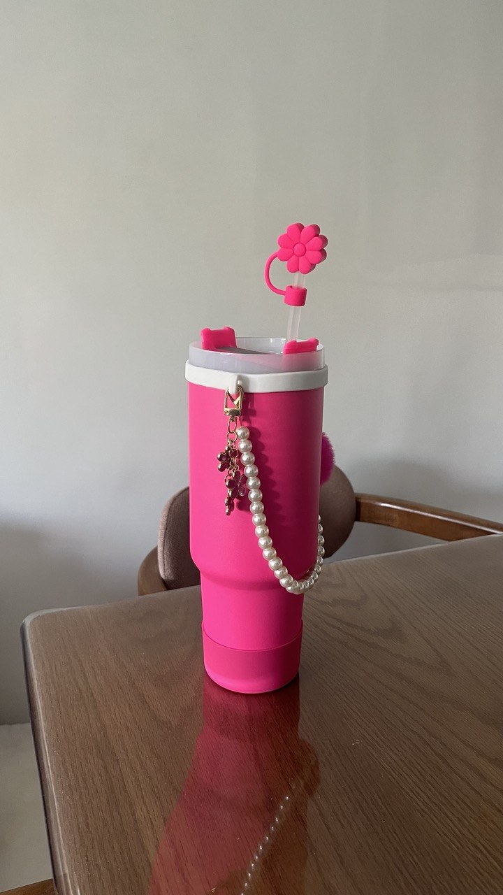 Le Gobelet Isotherme XXL "Édition Glamour" - Rose Fuchsia (Avec Bijoux, Perles et Embout Fleur)