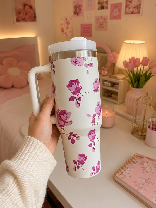 Gobelet en Acier Inoxydable avec Poignée et Paille BYS HOUSE Rose Garden (1,2 L)