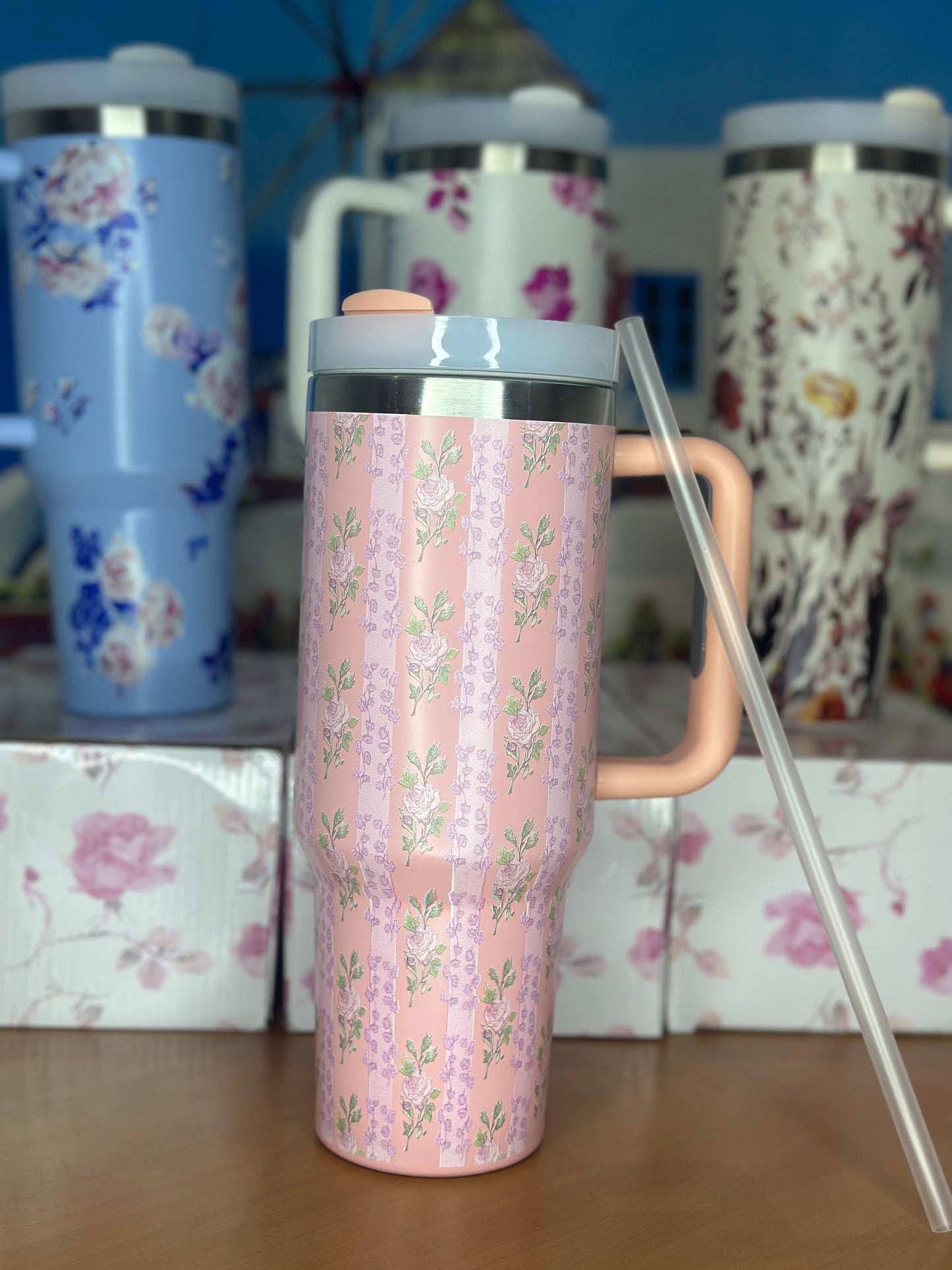 Gobelet Isotherme Floral Rose à Rayures  avec Poignée (1,2 L)