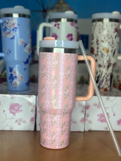 Gobelet Isotherme Floral Rose à Rayures  avec Poignée (1,2 L)