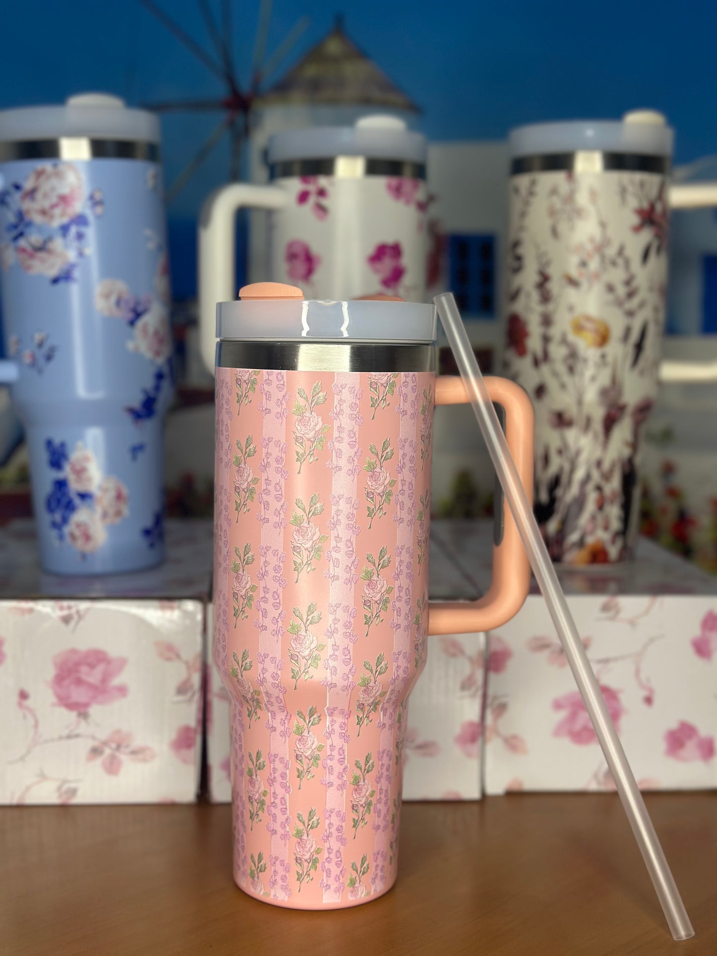 Gobelet Isotherme Floral Rose à Rayures  avec Poignée (1,2 L)