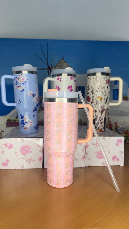 Gobelet Isotherme Floral Rose à Rayures  avec Poignée (1,2 L)