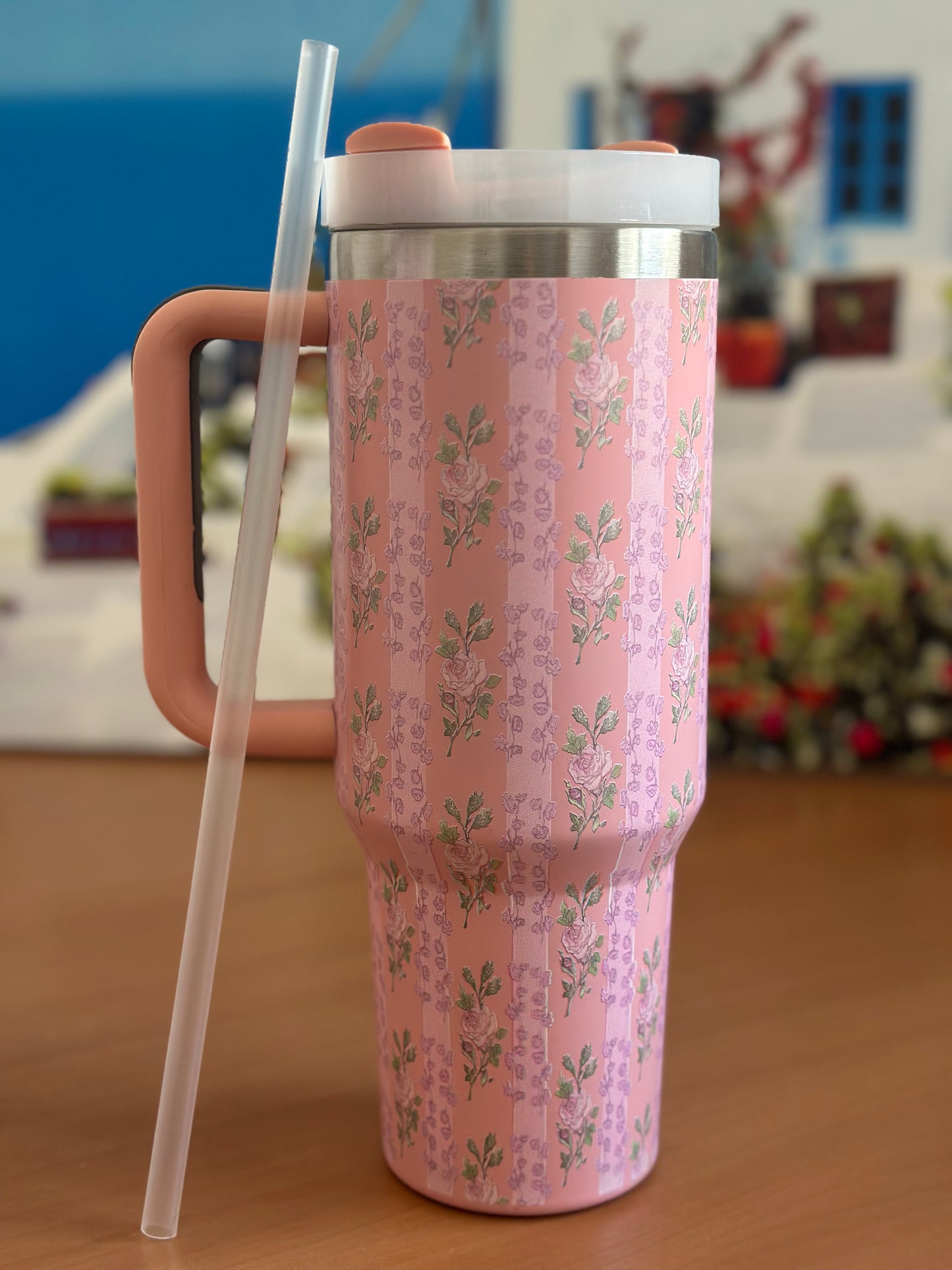 Gobelet Isotherme Floral Rose à Rayures  avec Poignée (1,2 L)