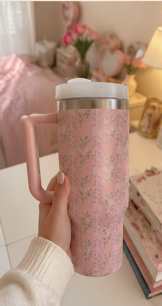 Gobelet Isotherme Floral Rose à Rayures  avec Poignée (1,2 L)