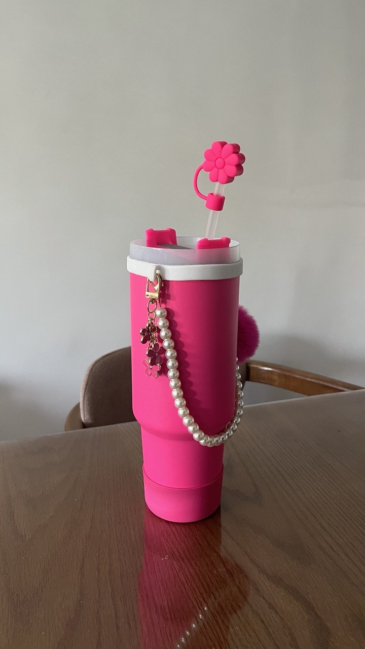 Le Gobelet Isotherme XXL "Édition Glamour" - Rose Fuchsia (Avec Bijoux, Perles et Embout Fleur)