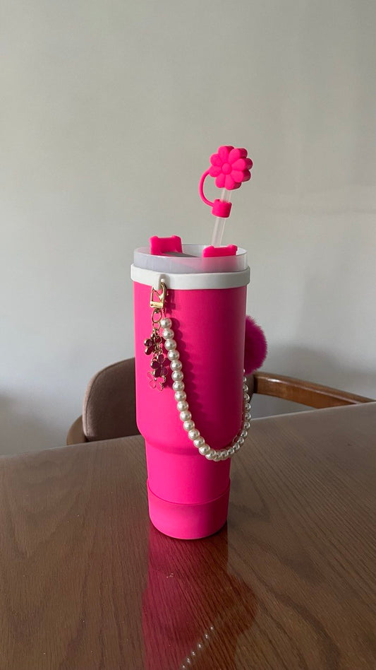 Le Gobelet Isotherme XXL "Édition Glamour" - Rose Fuchsia (Avec Bijoux, Perles et Embout Fleur)