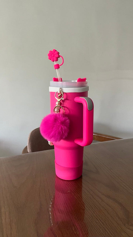 Le Gobelet Isotherme XXL "Édition Glamour" - Rose Fuchsia (Avec Bijoux, Perles et Embout Fleur)