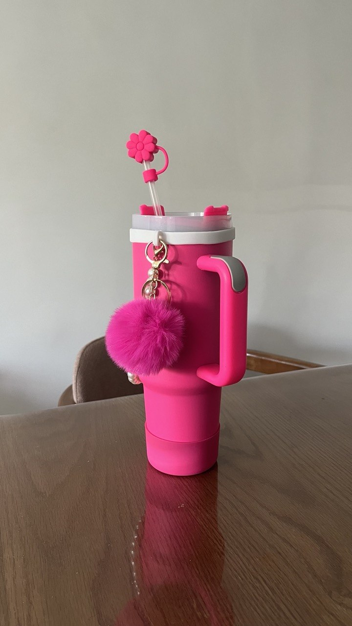 Le Gobelet Isotherme XXL "Édition Glamour" - Rose Fuchsia (Avec Bijoux, Perles et Embout Fleur)