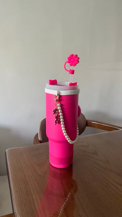 Le Gobelet Isotherme XXL "Édition Glamour" - Rose Fuchsia (Avec Bijoux, Perles et Embout Fleur)